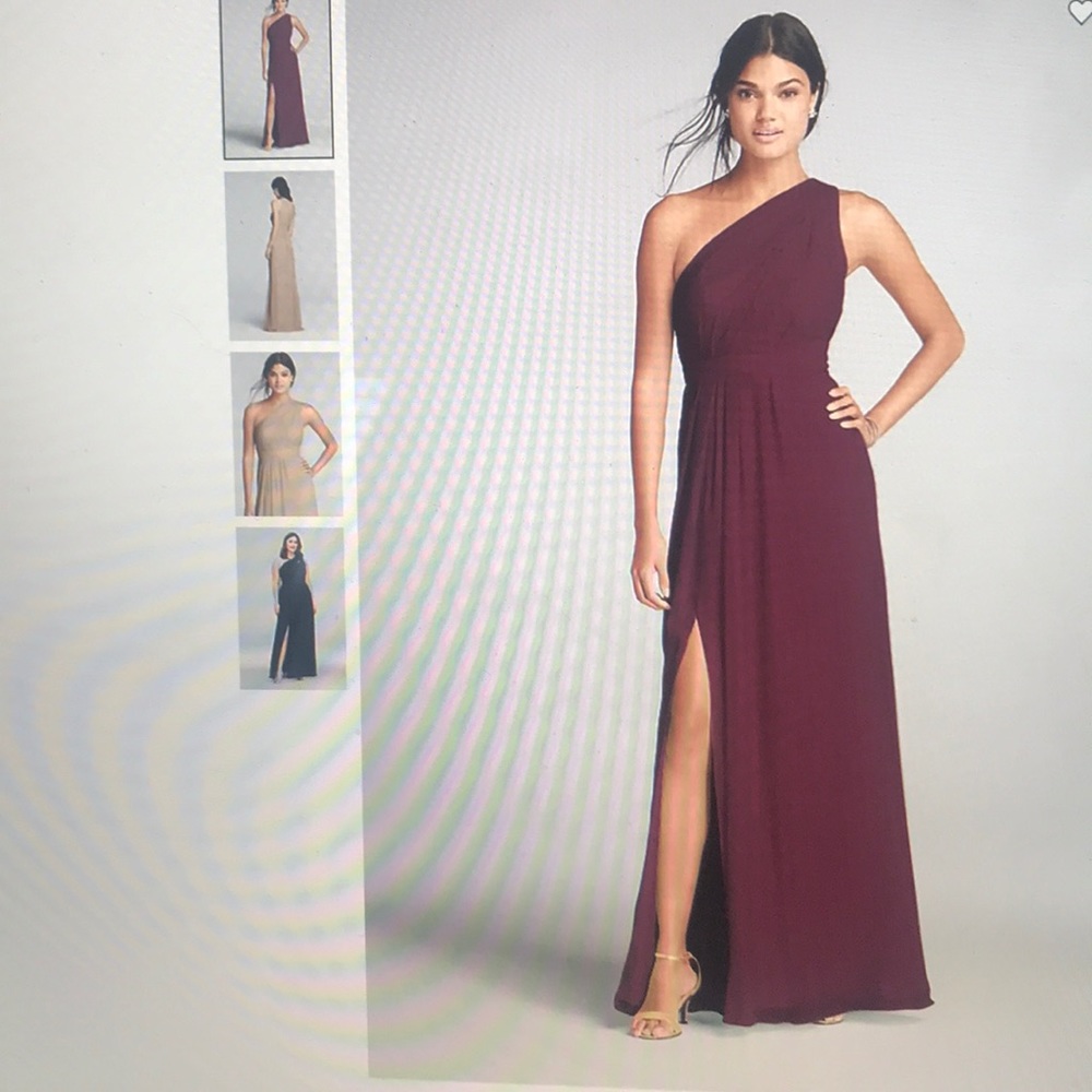 David’s Bridal Long One-Shoulder Dress in Wine